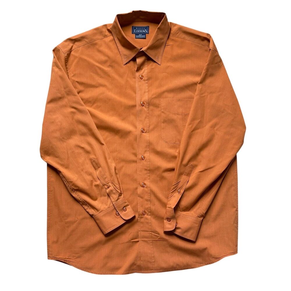 Basic Editions Shirt Mens Medium Orange Button-Up Woven Casual Polyester Cotton
